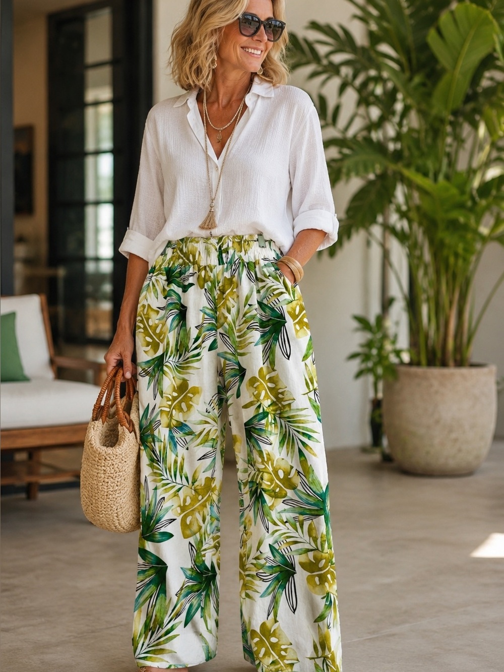 Sigrid Olsen Tropical Print Flowy Pants Linen Blend  Palm Leaves Size L